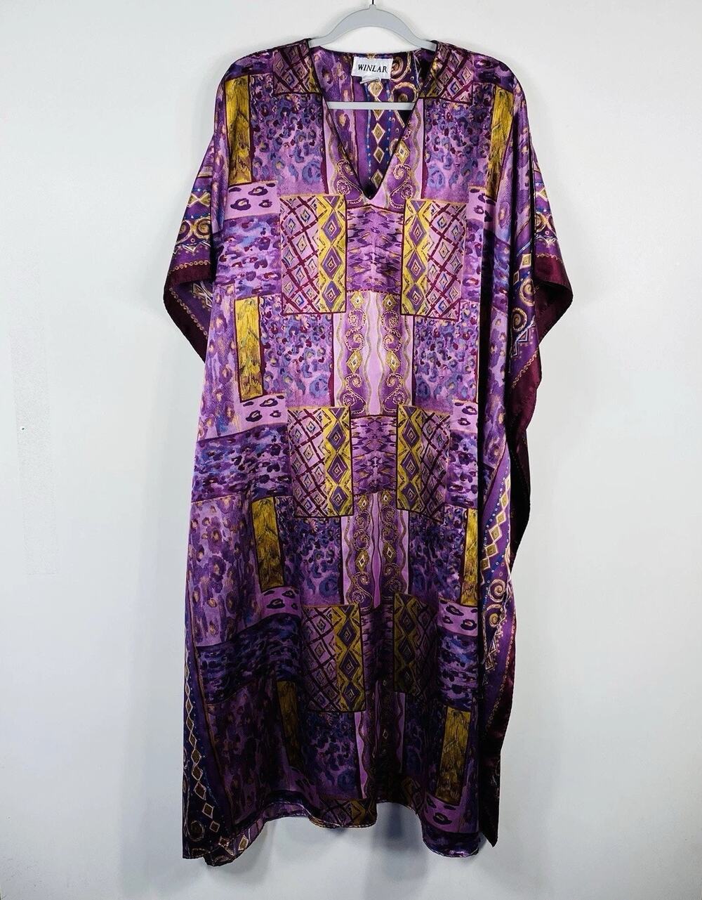 Winlar Lounge Dress OSFM Purple Mixed Print Satin Caftan Muumuu